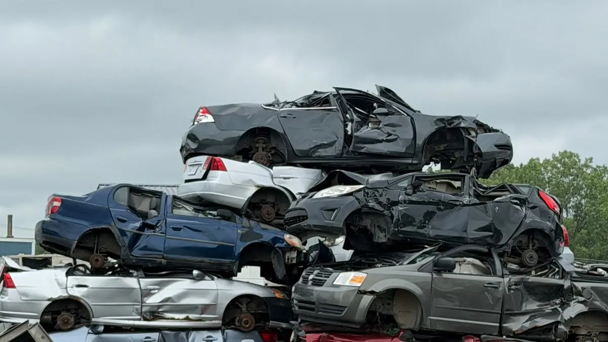 Stack of crushed scrap cars in the Saint-Jean-sur-Richelieu scrap yard